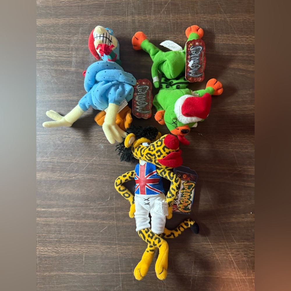 (3) Infamous Meanies Bean Bag Plush Splat in the hat, cold turkey, Mick Jaguar